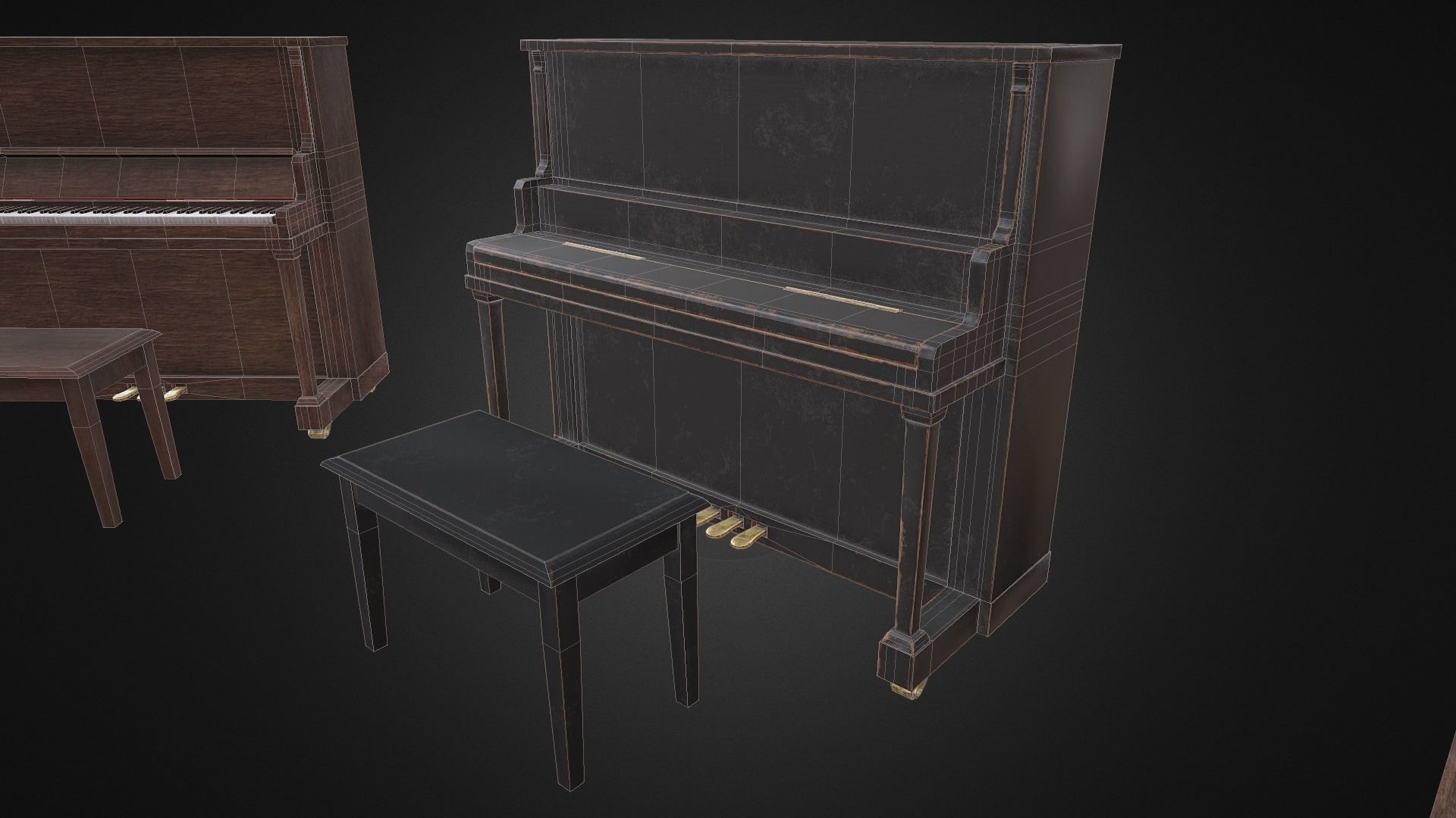 Old antique piano with bench game-ready asset Free low-poly 3D model_3