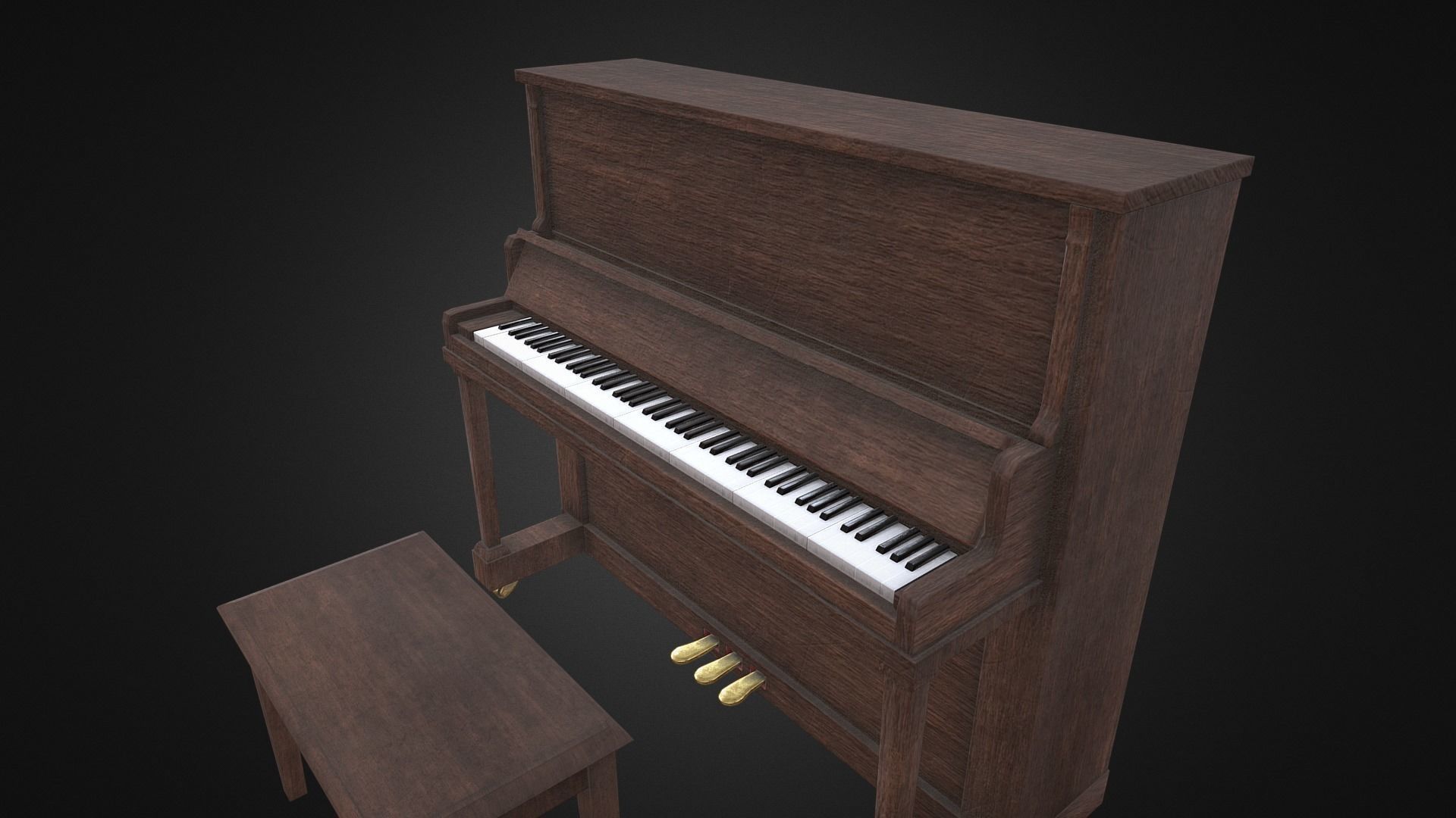 Old antique piano with bench game-ready asset Free low-poly 3D model_2