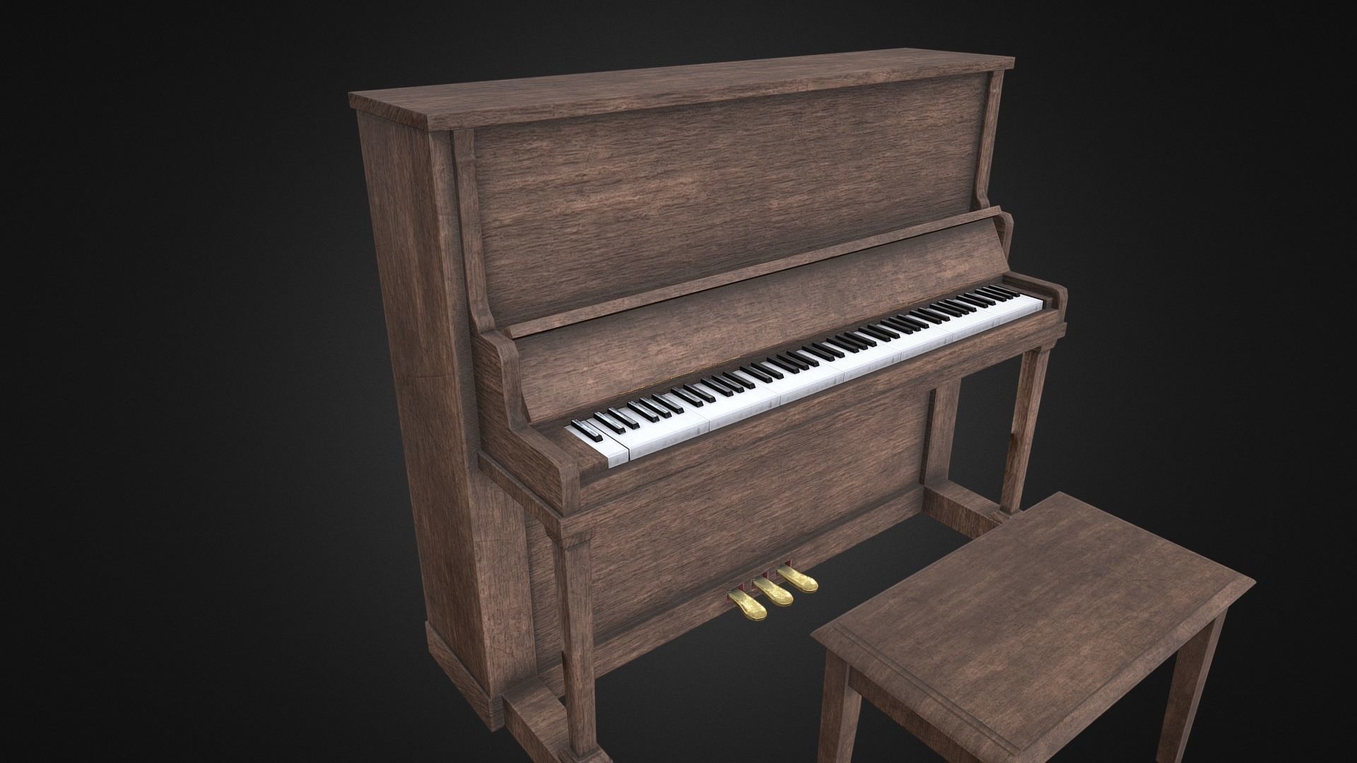 Old antique piano with bench game-ready asset Free low-poly 3D model_1