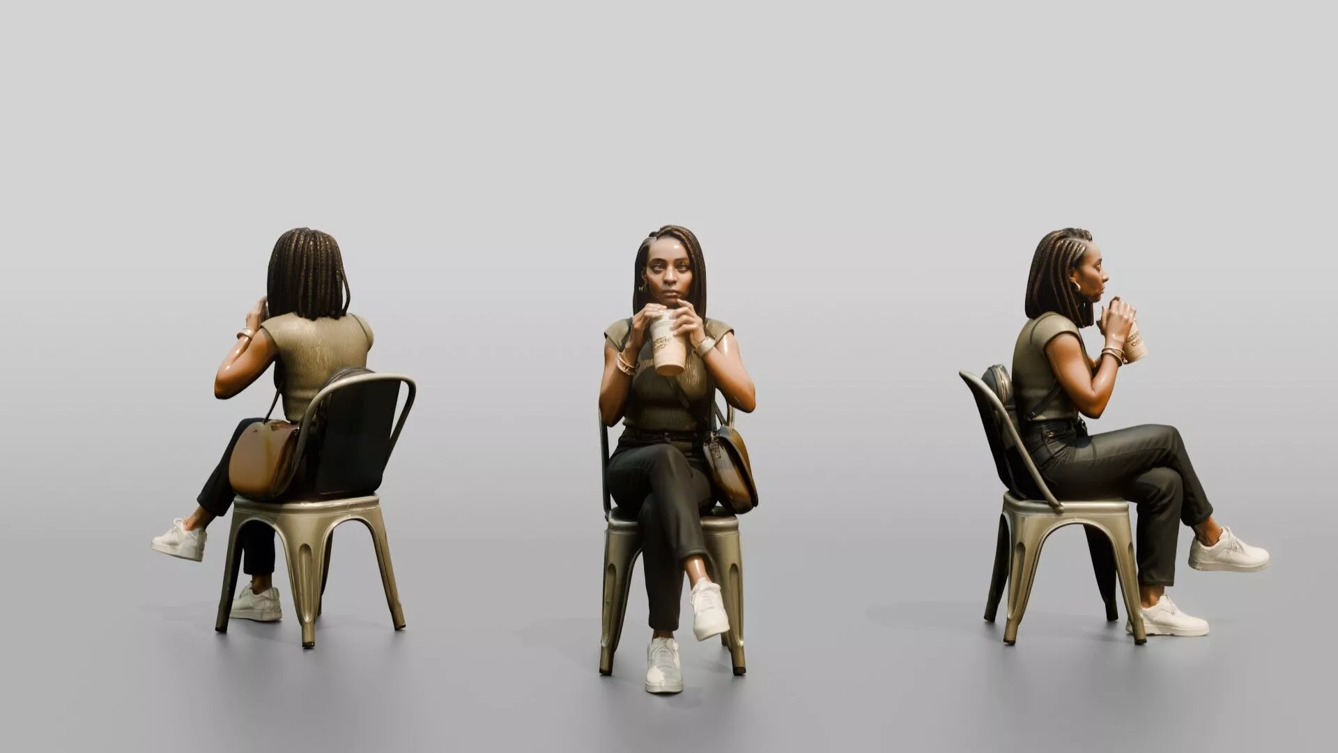 Young Black Woman Seated Drinking Coffee with Handbag 3D model