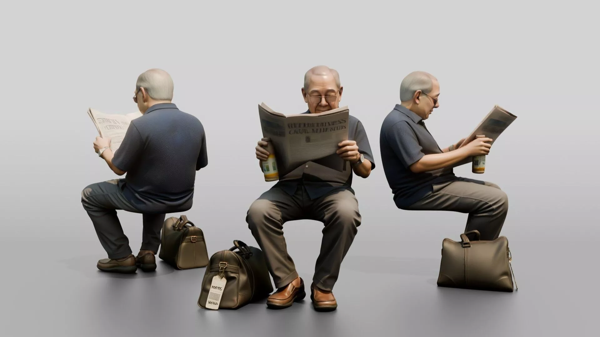 Elderly Asian Man Seated Reading Newspaper with Travel Bag 3D model