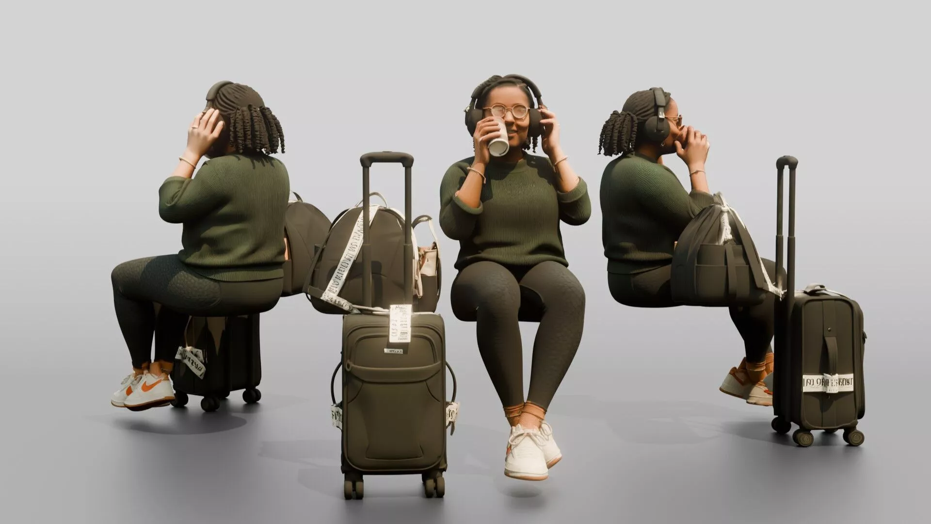 Plus-Size Black Woman Seated with Headphones Drinking Coffee 3D model