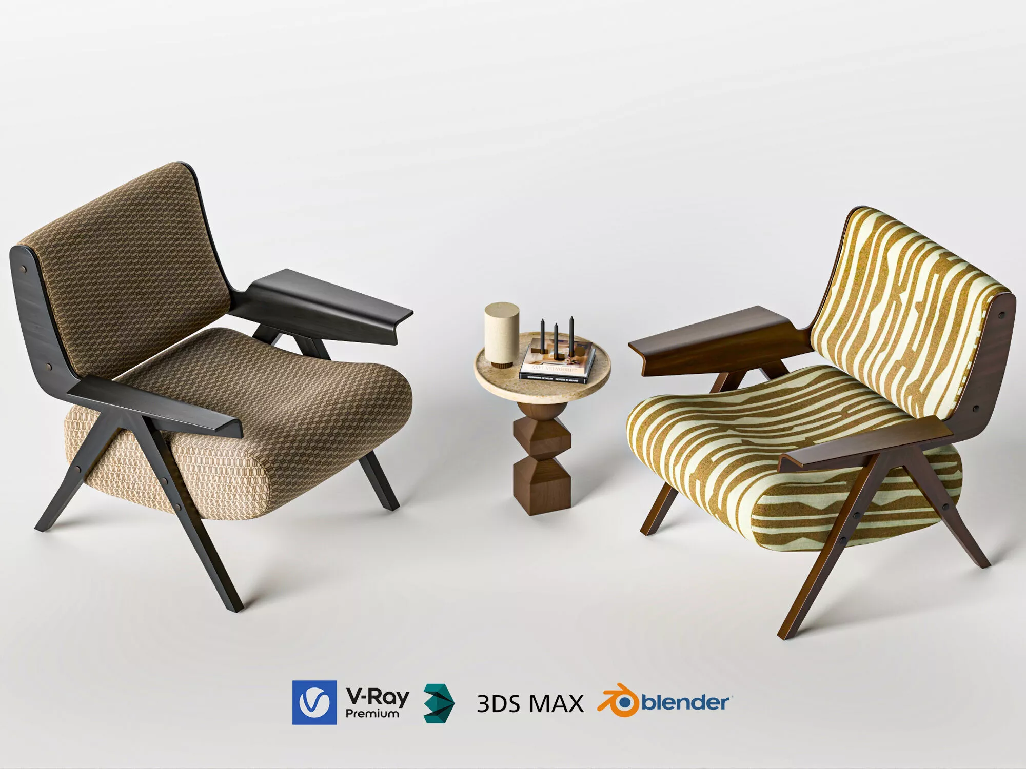 Mid Century Wooden Fabric Accent Chair Set 3D Model 3D model
