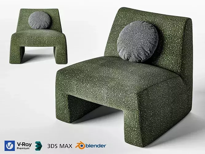 Modern Green Boucle Armchair with Pillow Low-poly 3D model