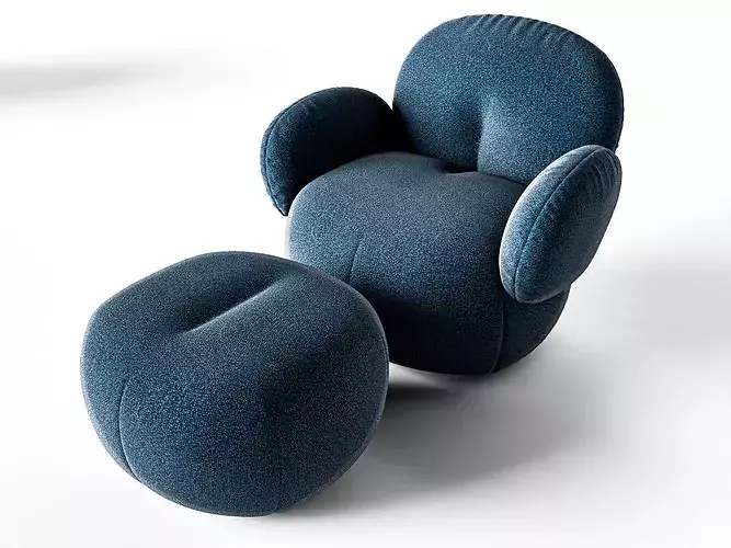 Modern Blue Boucle Cloud Armchair and Ottoman Low-poly 3D model 6