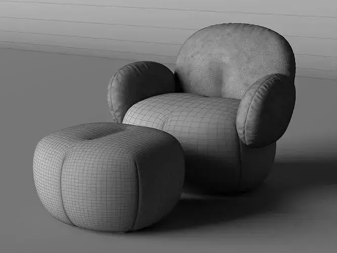 Modern Blue Boucle Cloud Armchair and Ottoman Low-poly 3D model 7