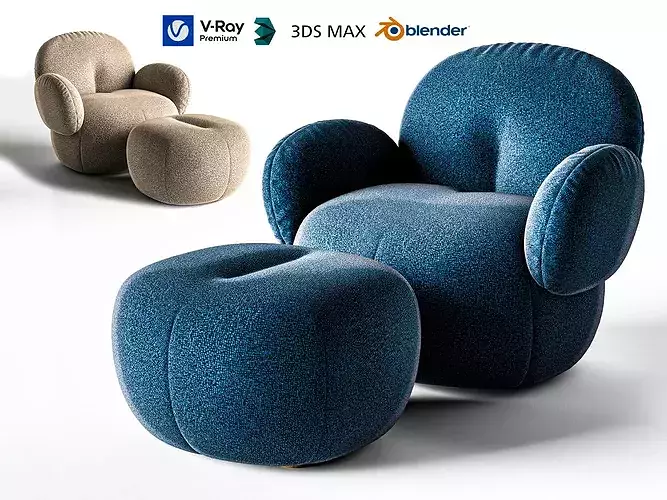 Modern Blue Boucle Cloud Armchair and Ottoman Low-poly 3D model