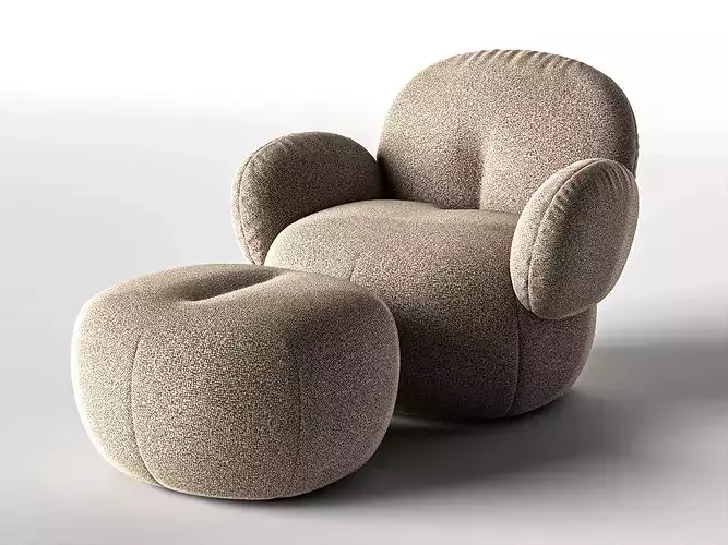 Modern Blue Boucle Cloud Armchair and Ottoman Low-poly 3D model 2