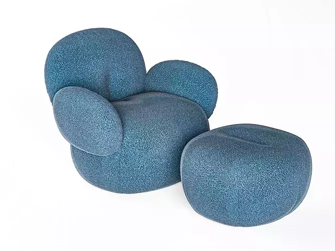 Modern Blue Boucle Cloud Armchair and Ottoman Low-poly 3D model 5