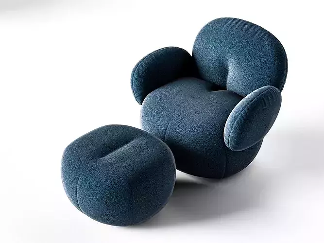 Modern Blue Boucle Cloud Armchair and Ottoman Low-poly 3D model 3