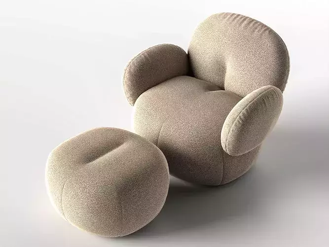 Modern Blue Boucle Cloud Armchair and Ottoman Low-poly 3D model 4