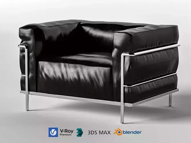 Black Leather Club Armchair with Chrome Frame Low-poly 3D model 3