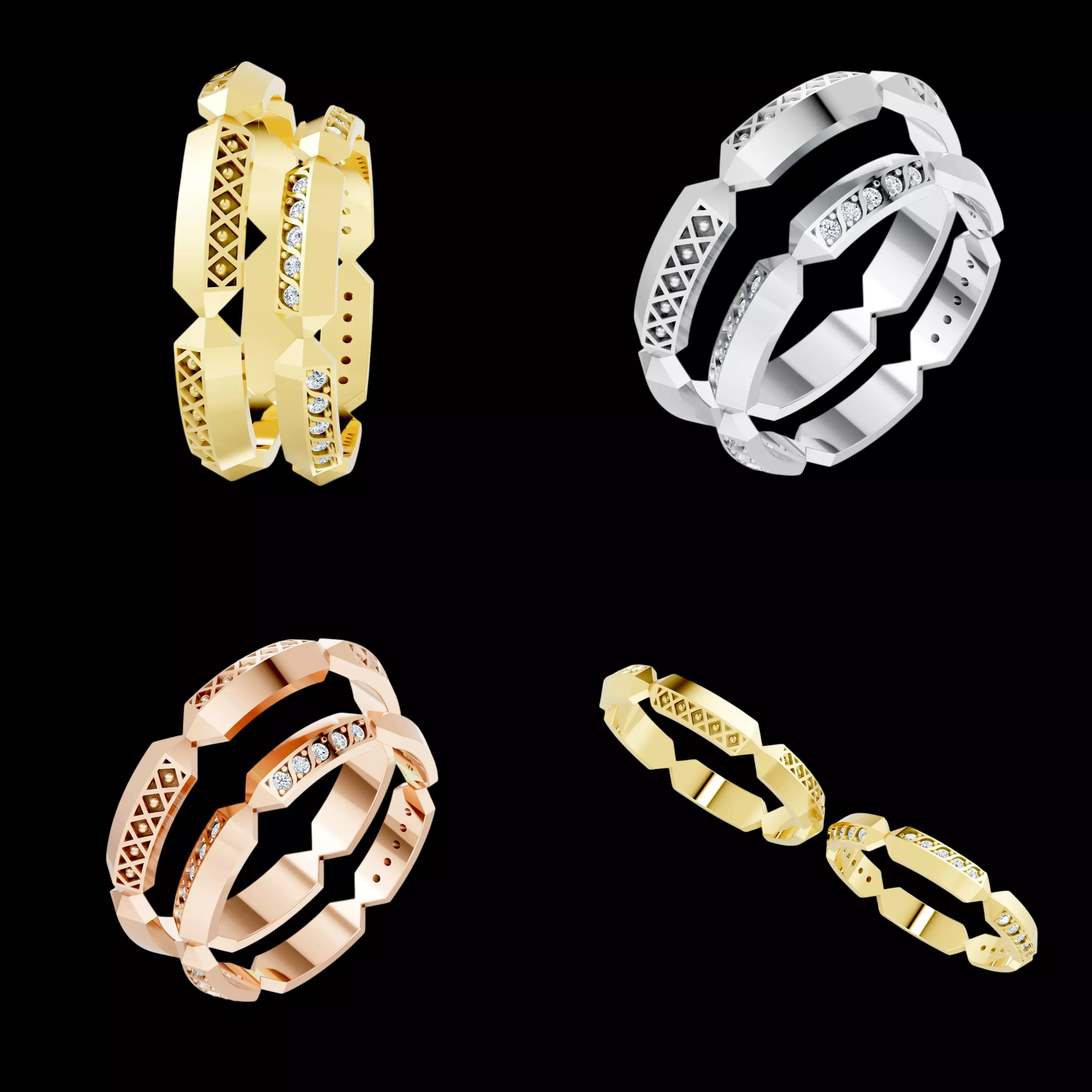 Geometric Diamond Wedding Ring CAD STL 3DM Couple Band Set 3D print model