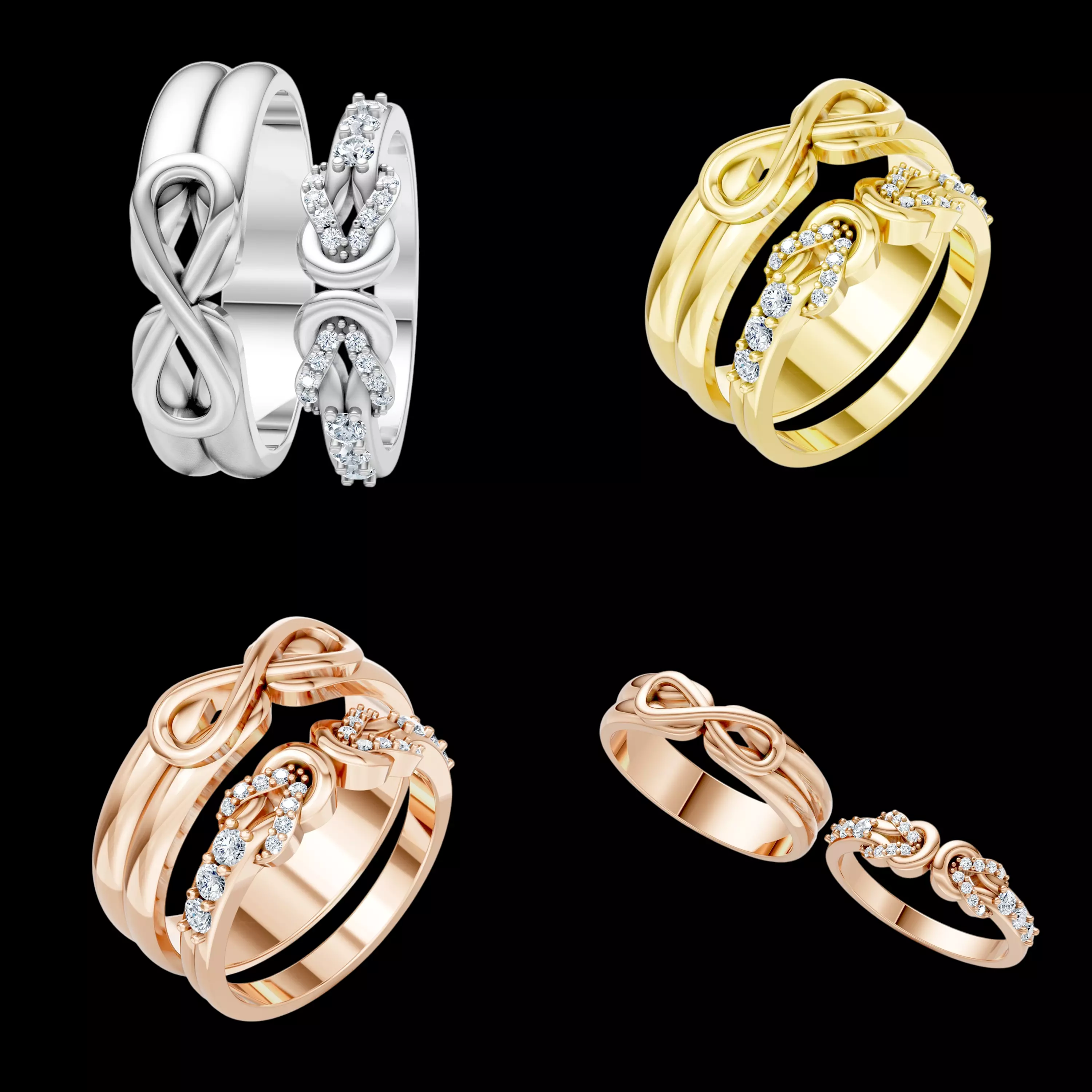 Infinity Couple Ring CAD STL 3DM Diamond Wedding Band Set 3D print model