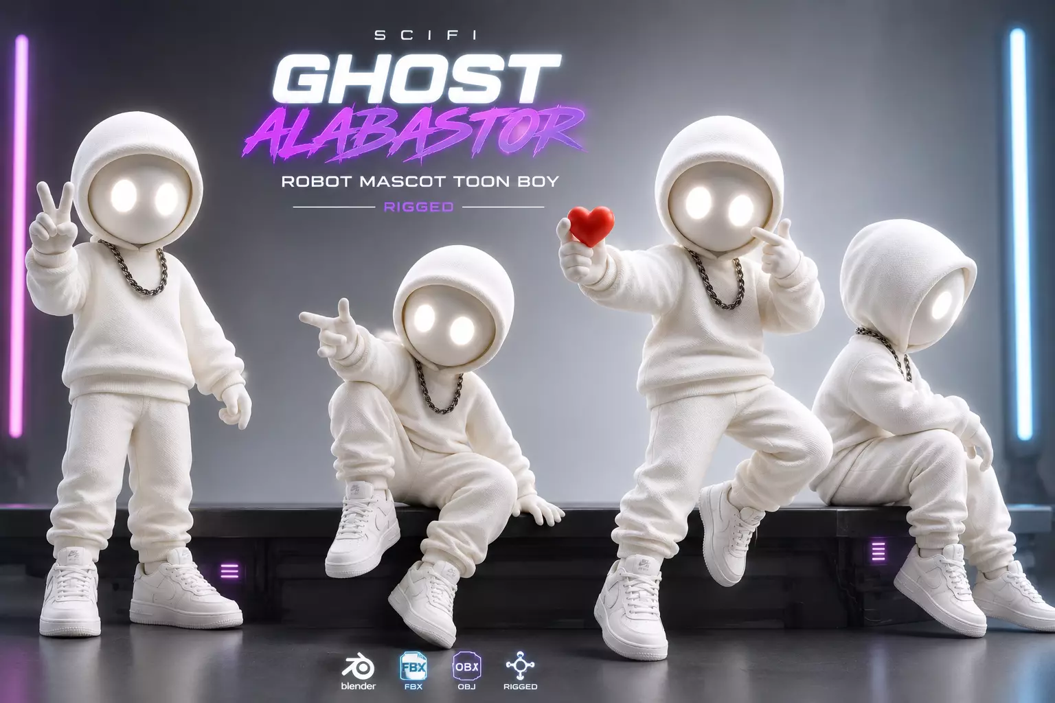 Scifi Ghost Alabastor Robot Mascot Toon Boy Rigged 3D model