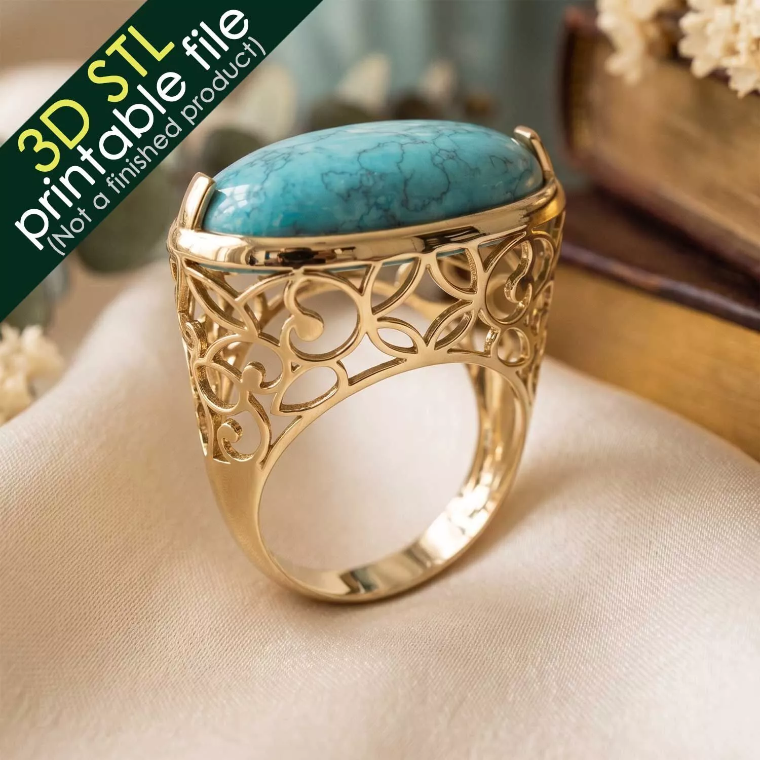 Floral Engagement Ring with Gemstone - Castable STL 3D Model 3D print model