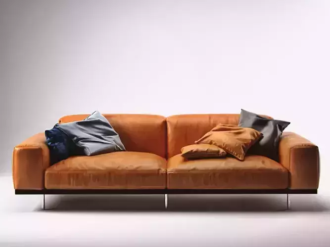 Naviglio orange leather sofa with pillows