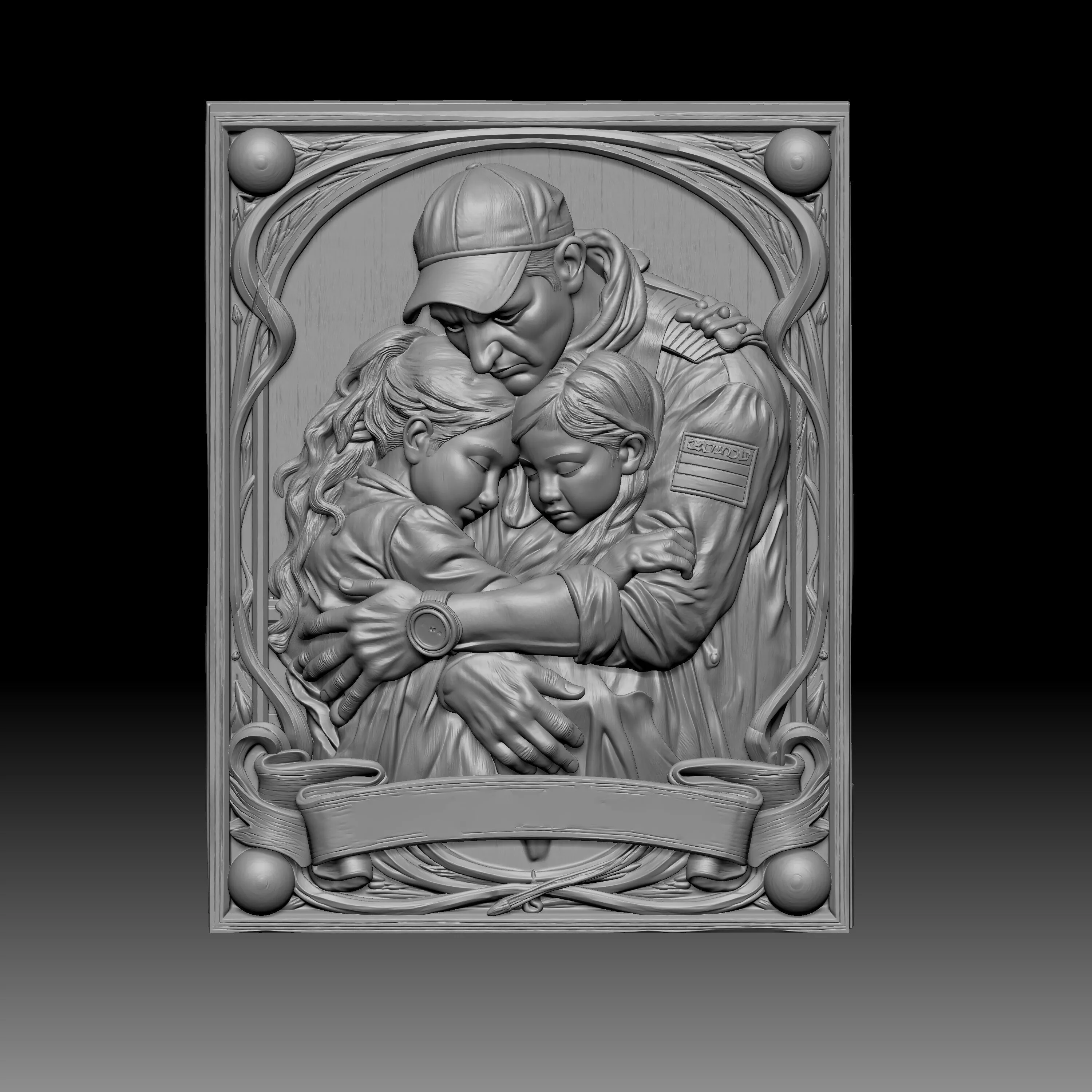 depicting a soldier embracing two children 3D print model