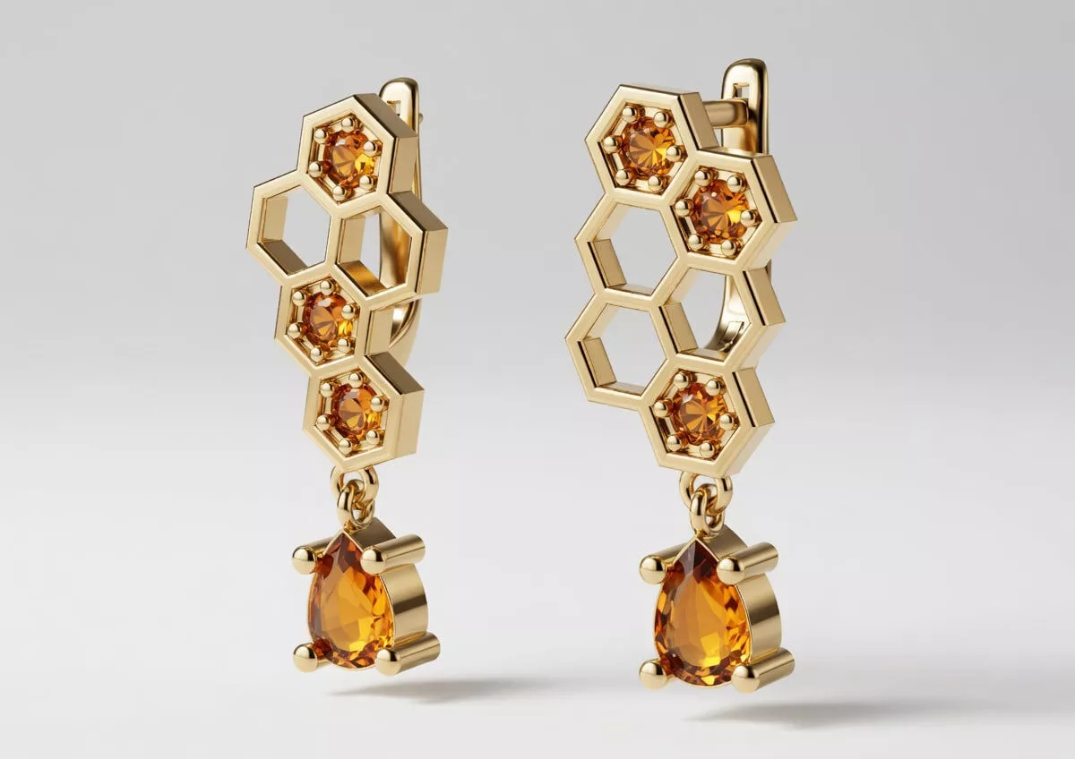 Honeycomb Earrings with Asymmetric Design and Orange Stones 3D print model