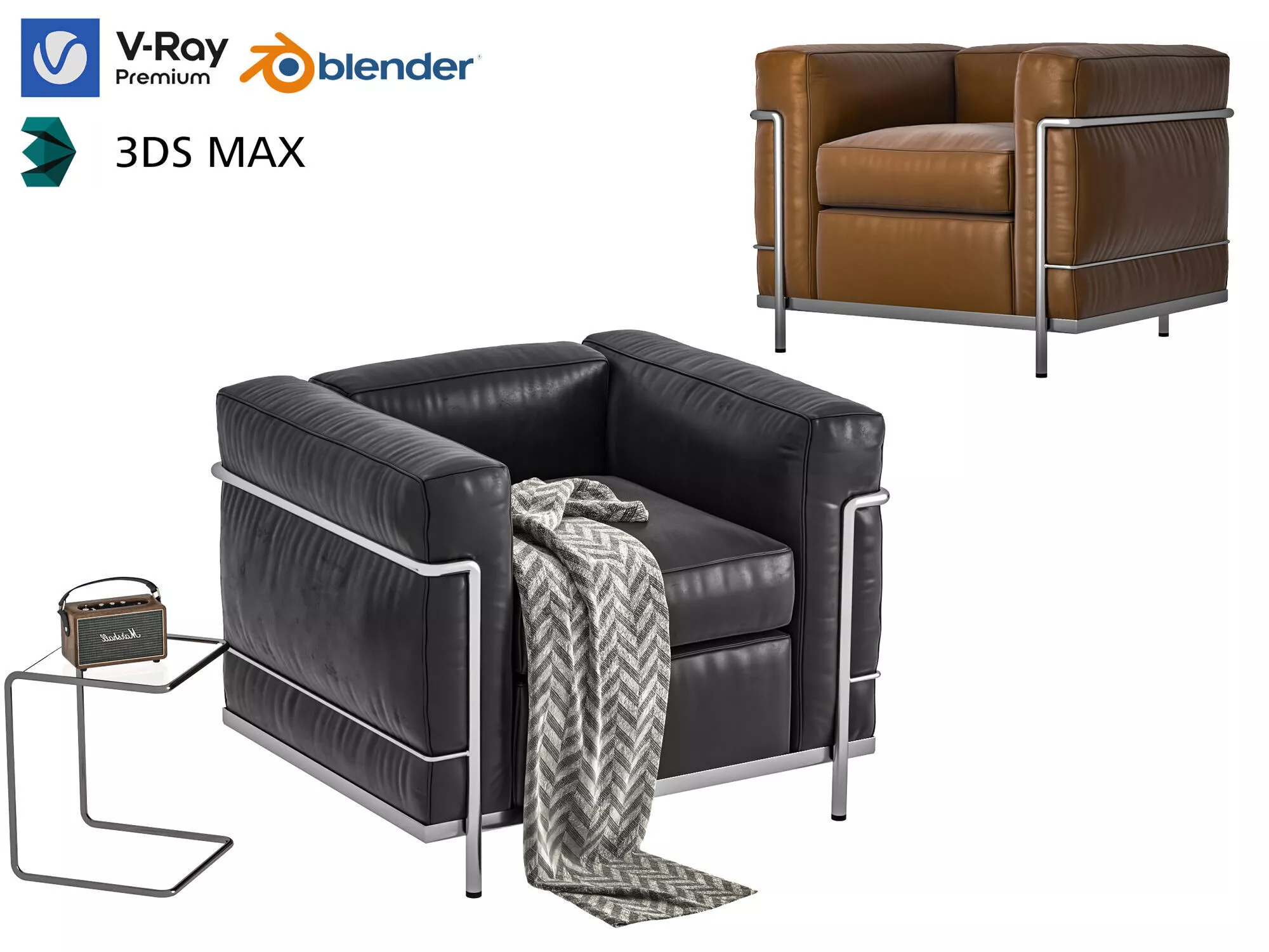 Metal Frame Leather Cube Armchair Asset Pack 3D Model 3D model
