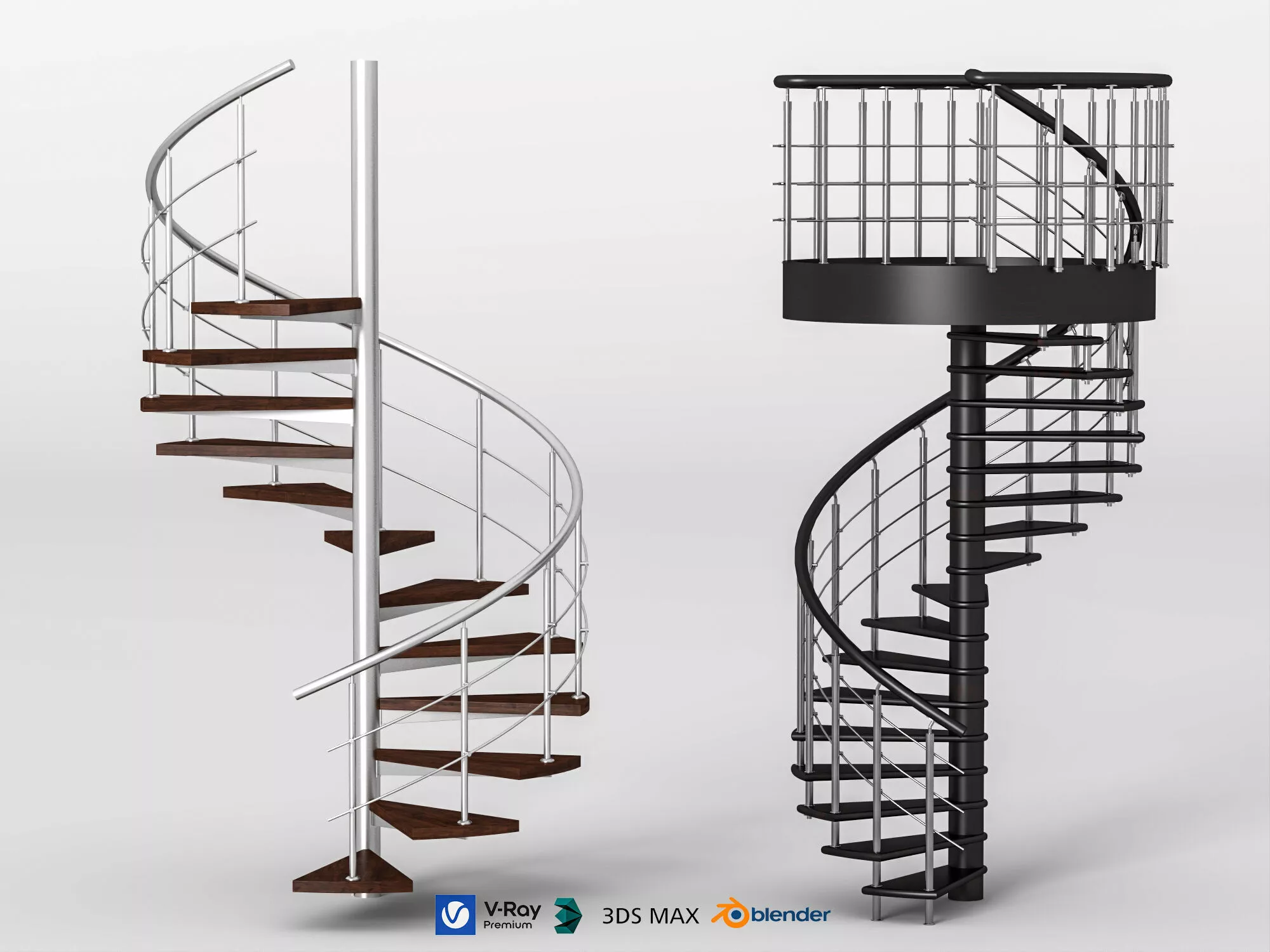 Modern Indoor Spiral Stair With Cable Railing Set 3D Model 3D model