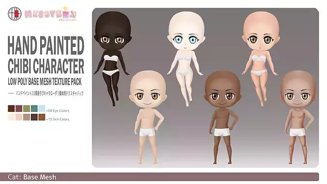 Hand Painted Chibi Character Low Poly Base Mesh Texture Pack