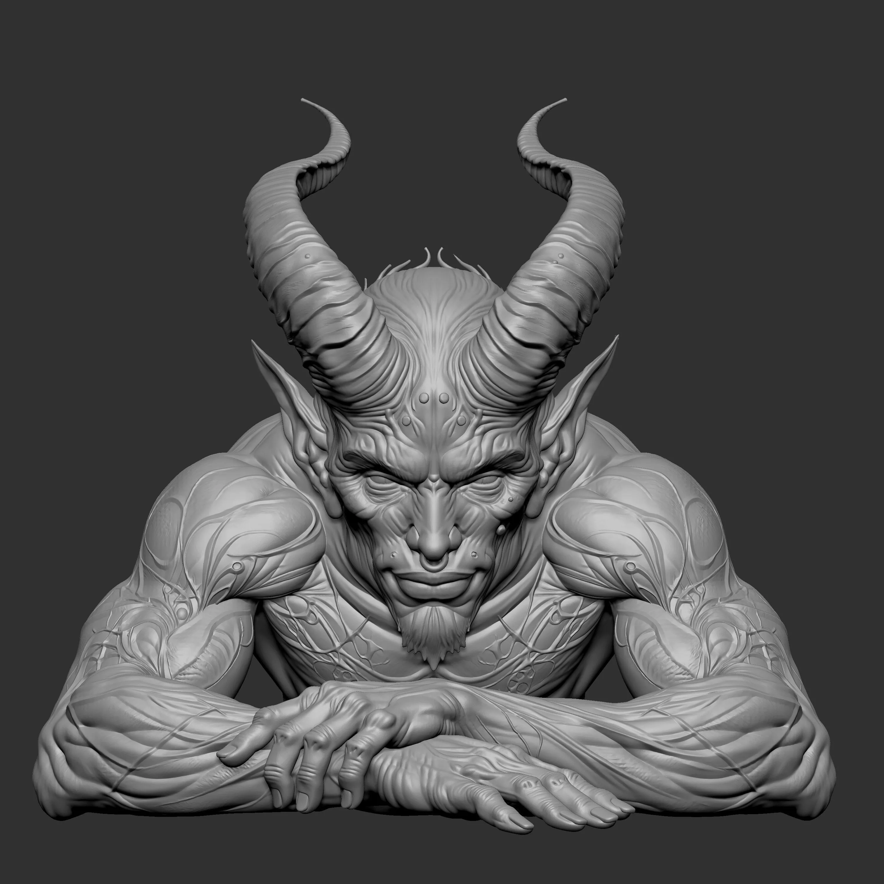 3D digital sculpture of a muscular demon bust 3D print model