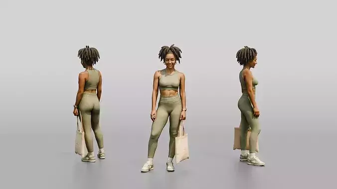 African-American Woman in Athleisure Set with Shopping Bag