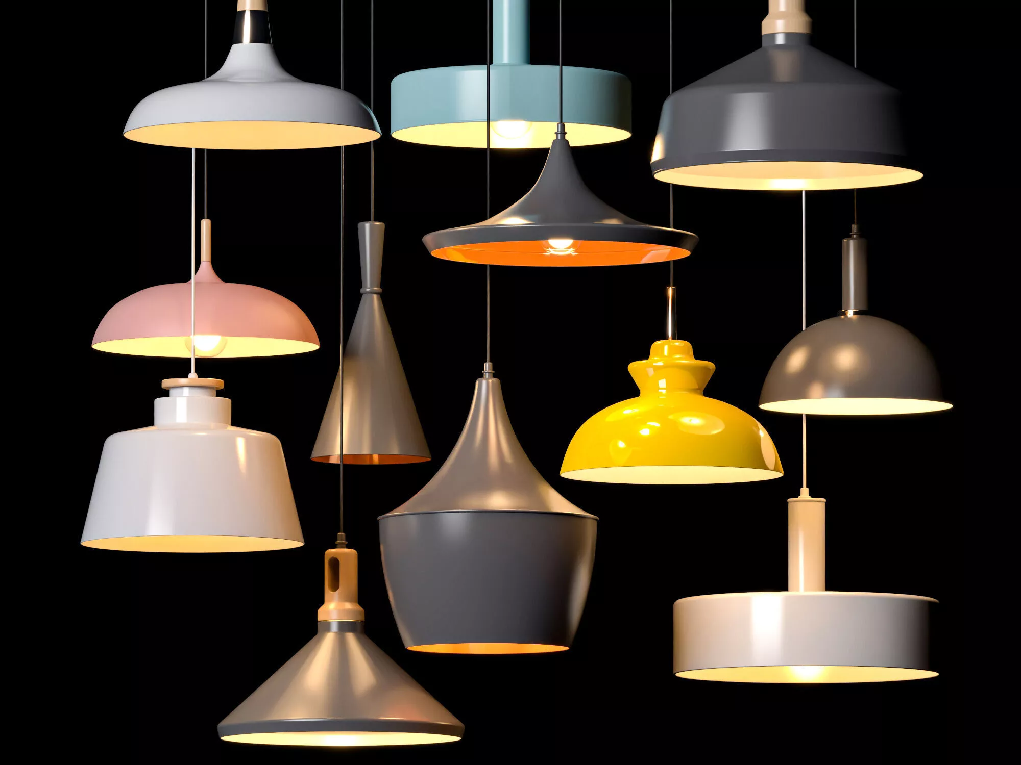 Industrial Color Metal Shade Dining Hanging Light Set 3D Model 3D model