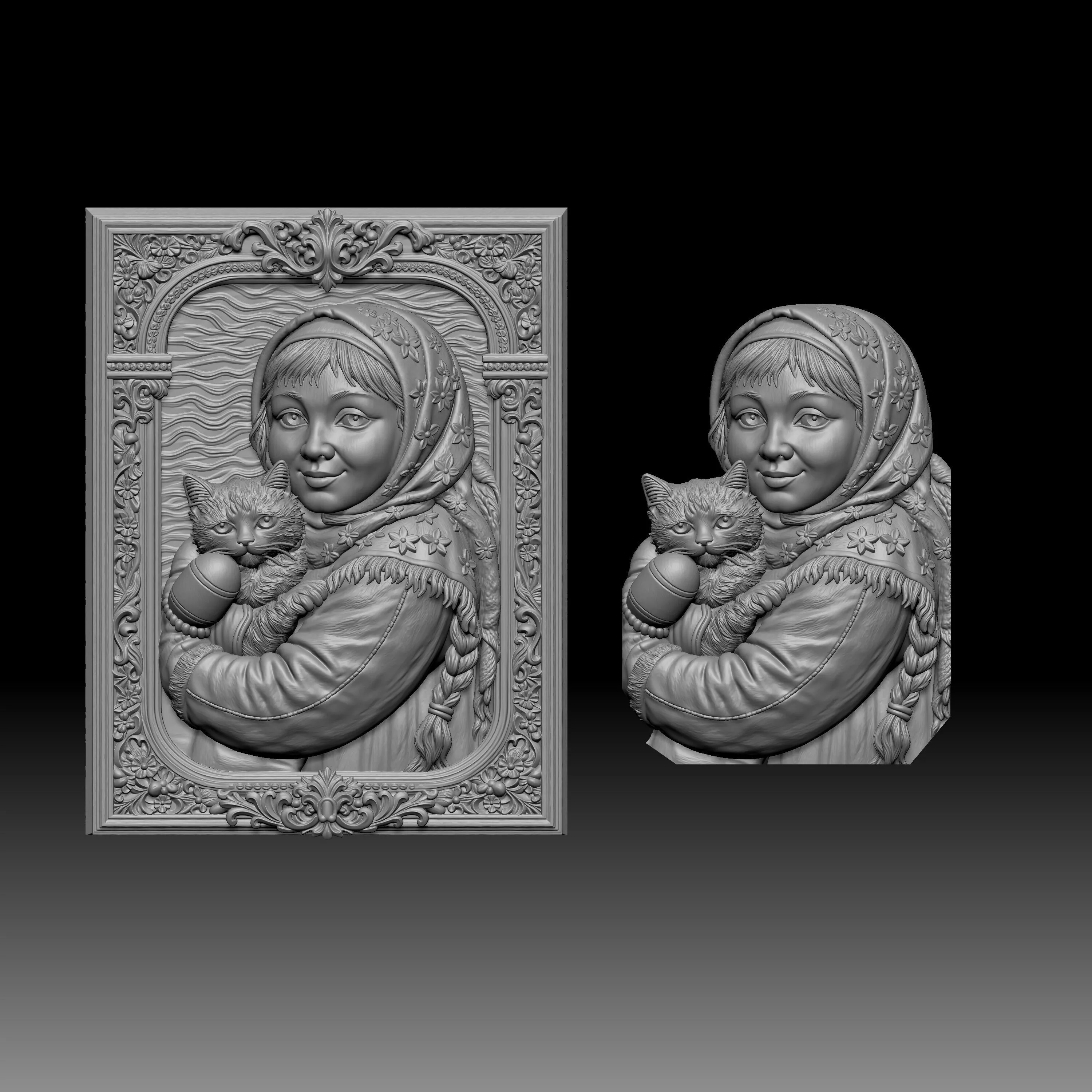 sculpt of a young girl holding a cat 3D print model
