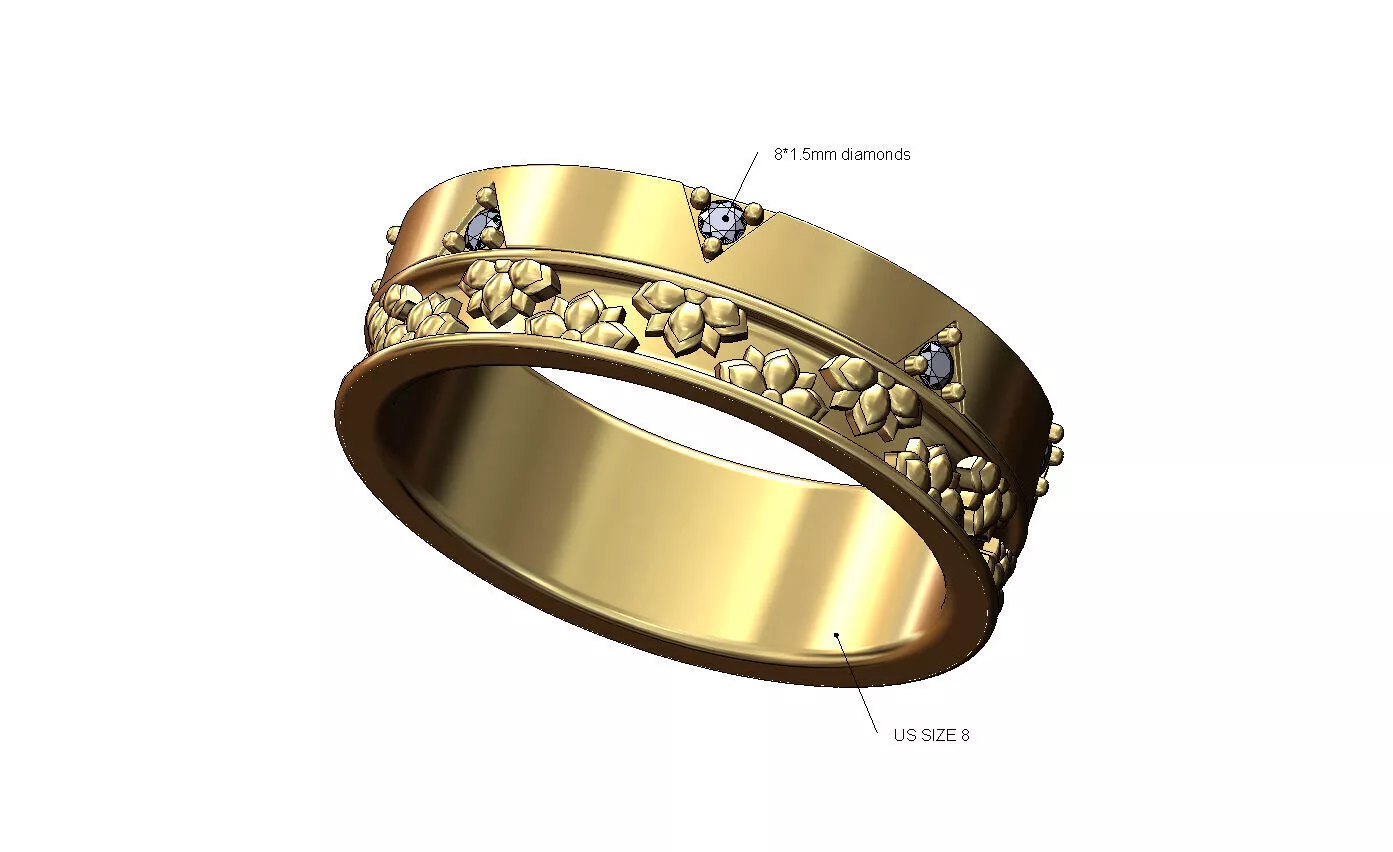 Half flower and diamond ring US size 8 3D print model