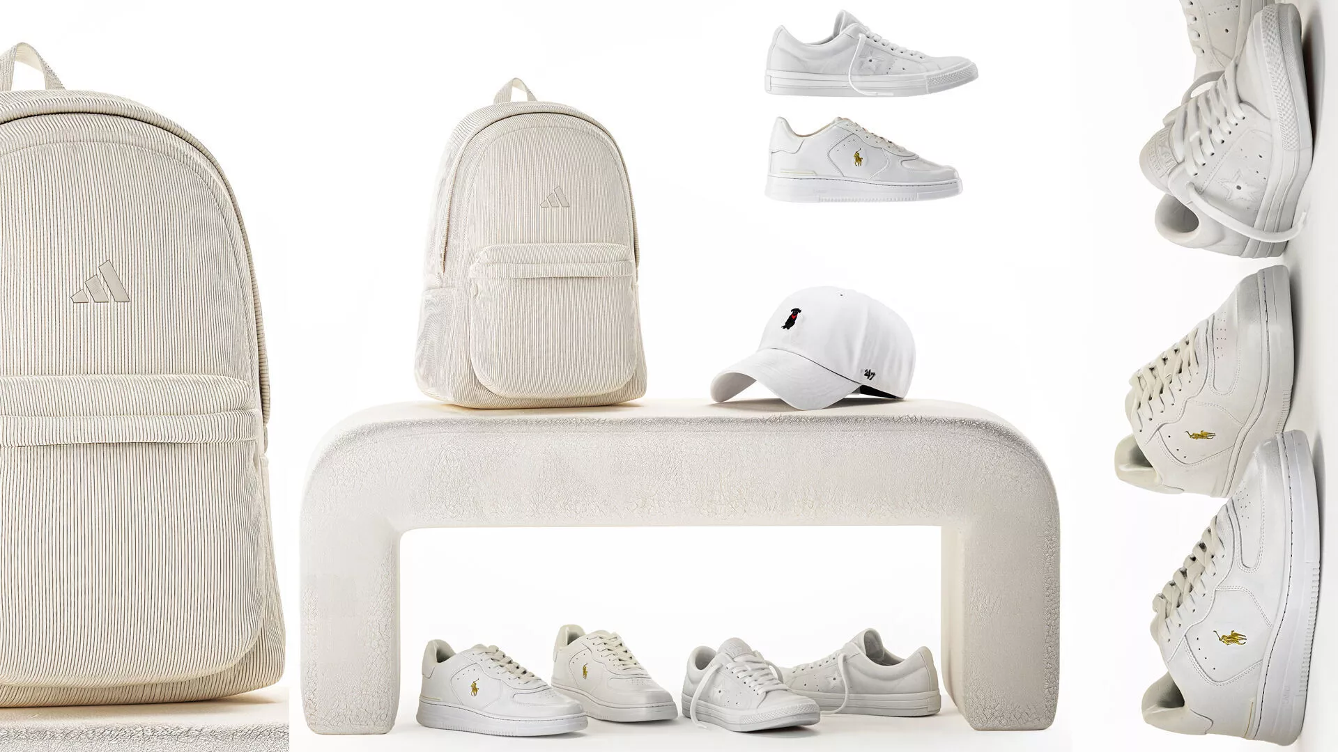 White benches minimalist shoes sneakers cap bag hallway 3D model
