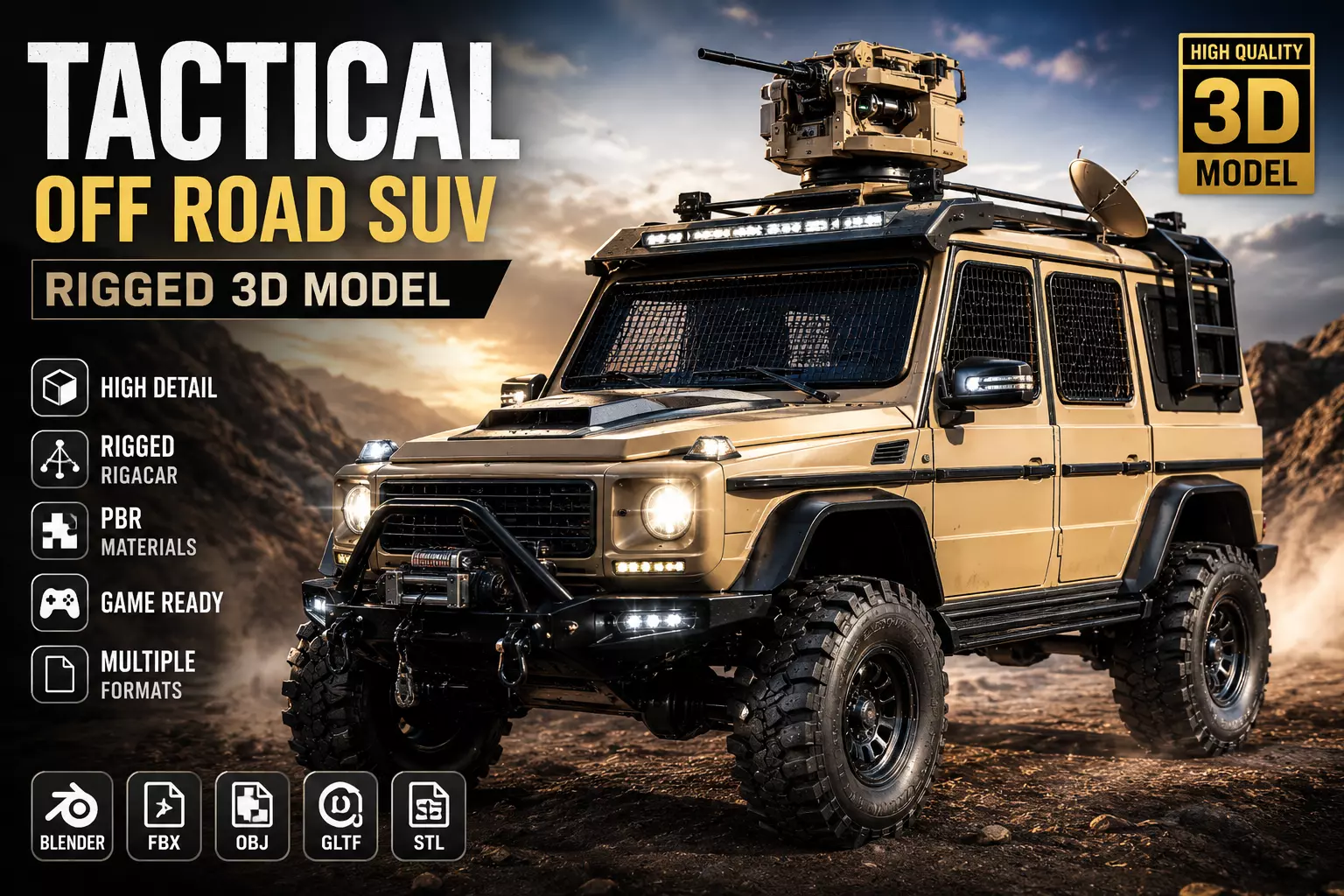 Rigged Tactical Off Road 4x4 Armored SUV Military Vehicle 3D Low-poly 3D model