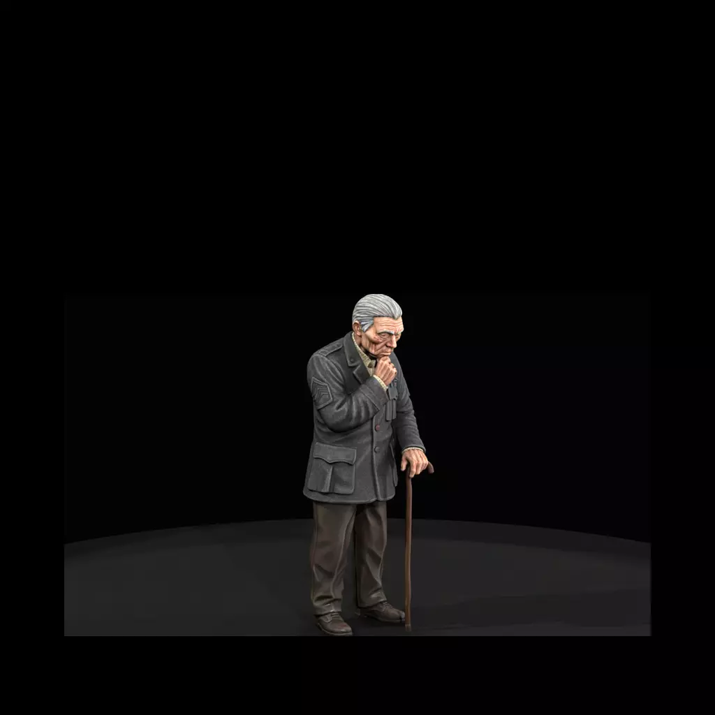 Elderly Asian Veteran with Walking Stick 3D print model