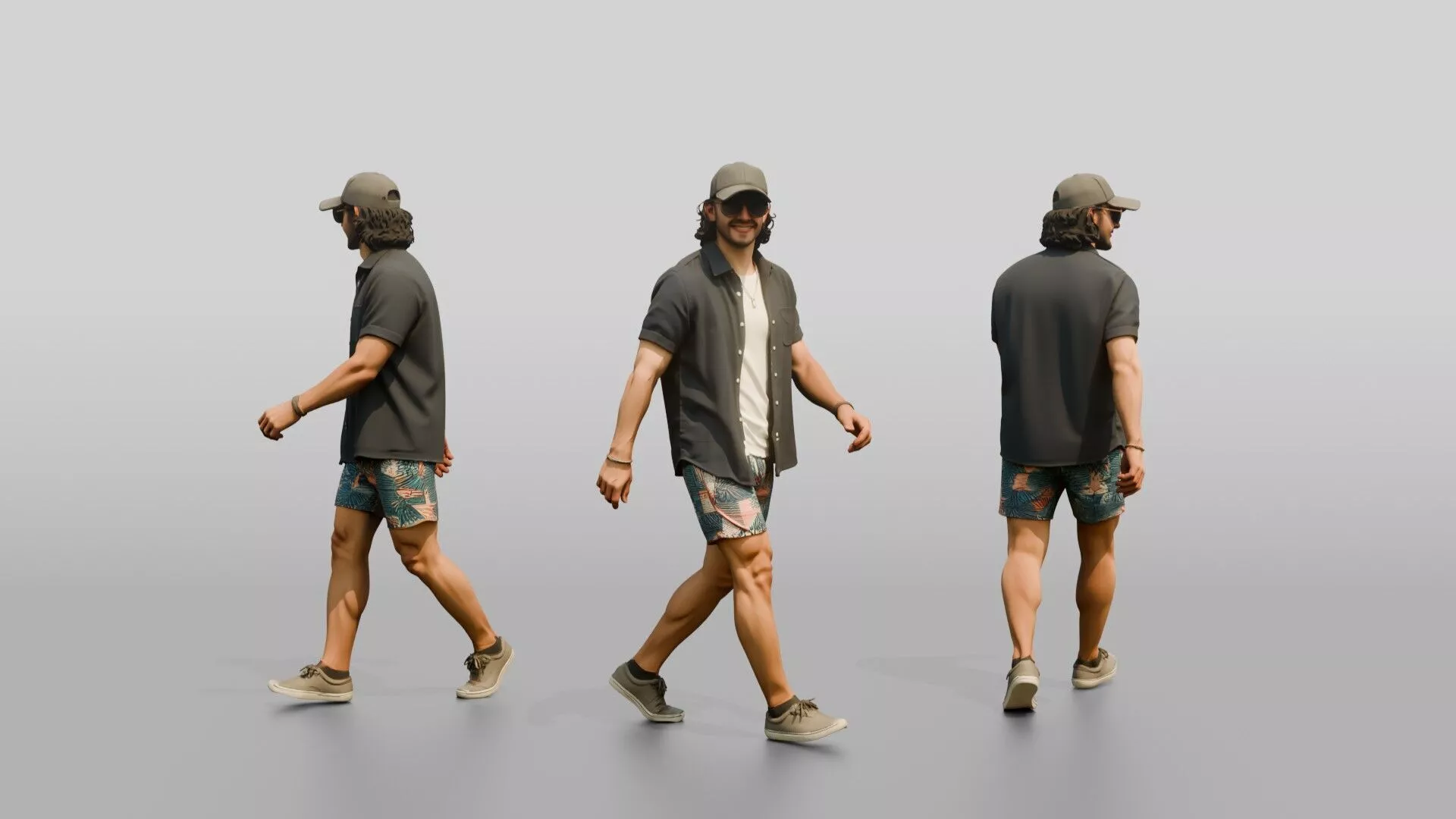 Latino Man Walking the Boardwalk in Linen Shirt 3D model