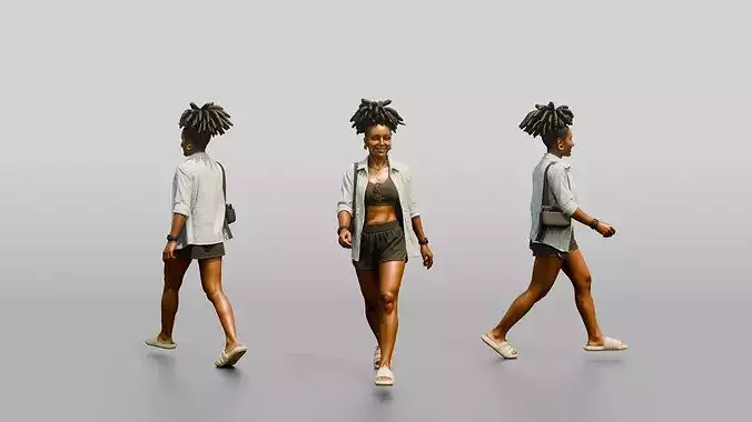 African-American Woman Walking the Boardwalk in Beach Shirt