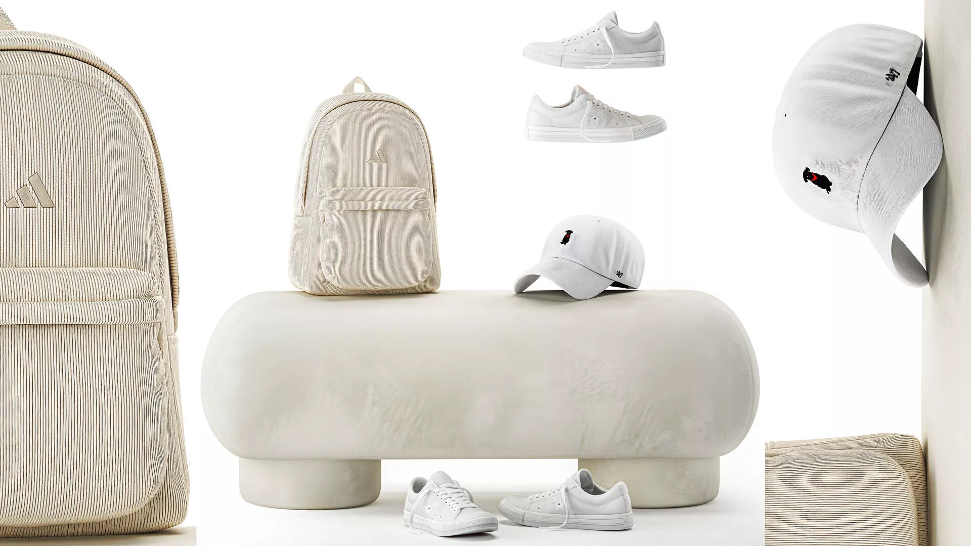 White benches minimalist shoes sneakers cap bag hallway interior 3D model
