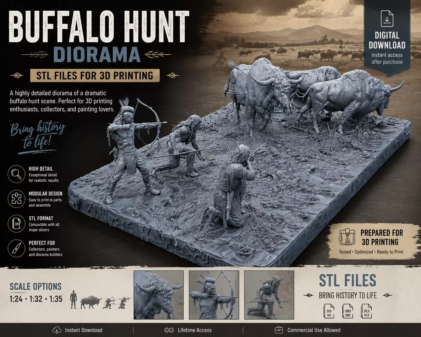 Native American Buffalo Hunt Diorama STL Files for 3D Printing 3D print model