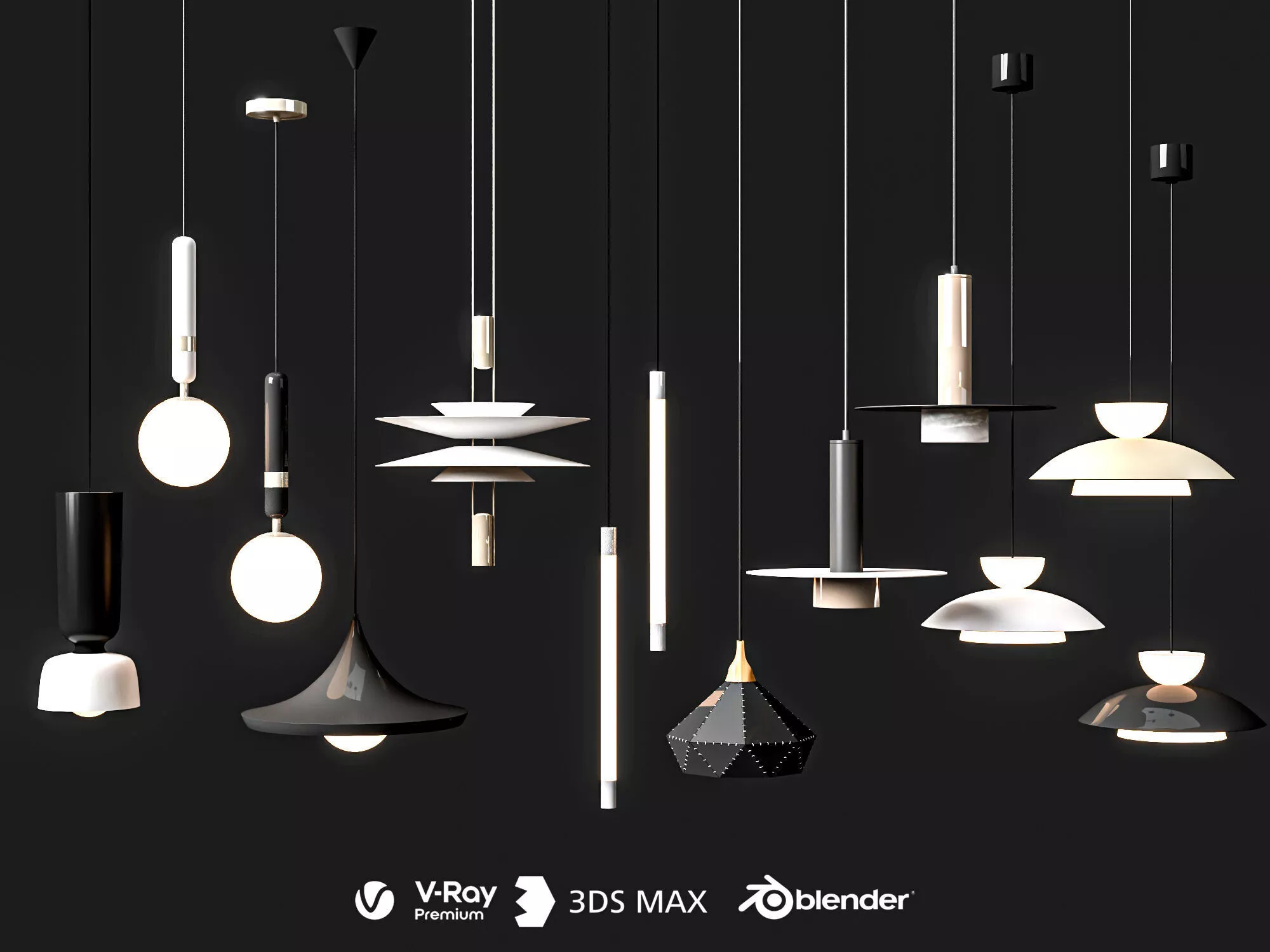 Geometric Metal Glass Dining Hanging Light Set 3D Model 3D model