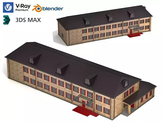 Two-Story Brick Industrial Building 3D Model Low-poly 3D model