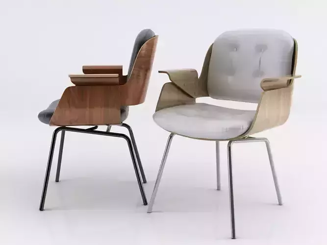 D48 two chairs with wooden seat and metal legs 3D model