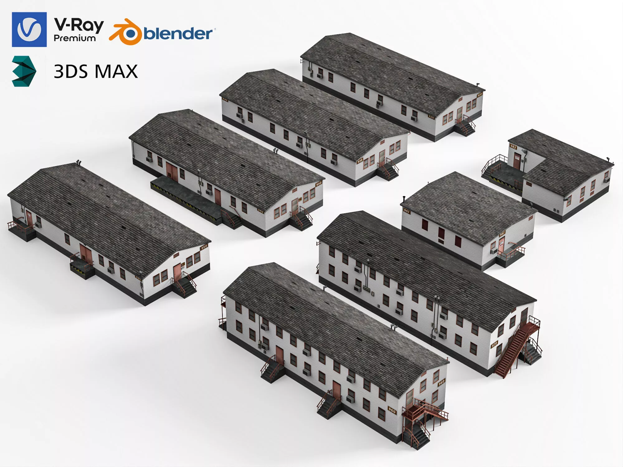 Modular Single-Story Barrack Buildings Collection Low-poly 3D model
