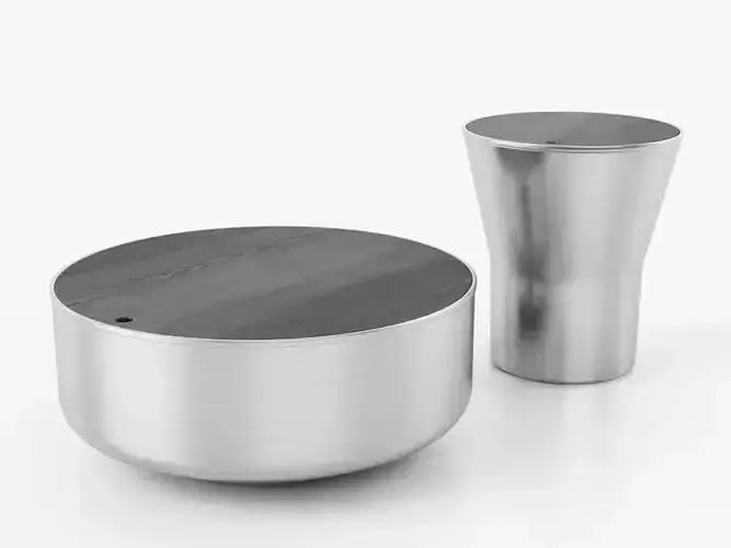 Mono stainless steel coffee table and wooden bowl 3D model