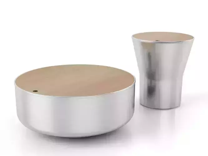 Mono stainless steel coffee table and wooden bowl