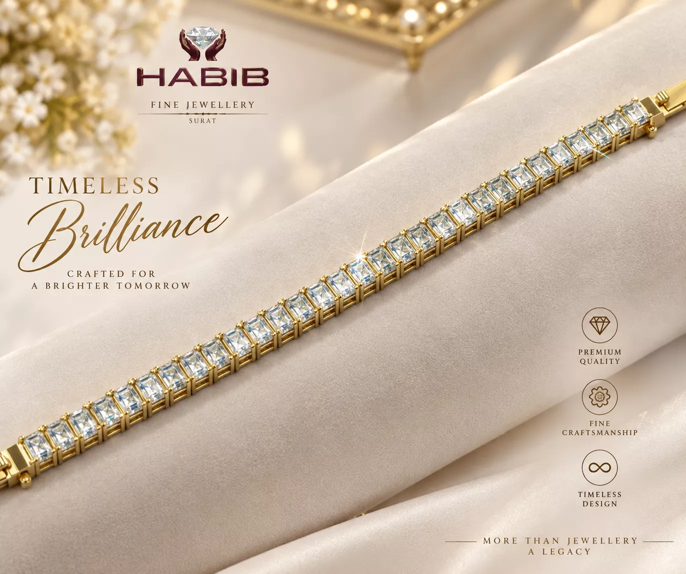 Luxury Baguette-Cut Diamond Tennis Bracelet 18K Yellow Gold 3D print model