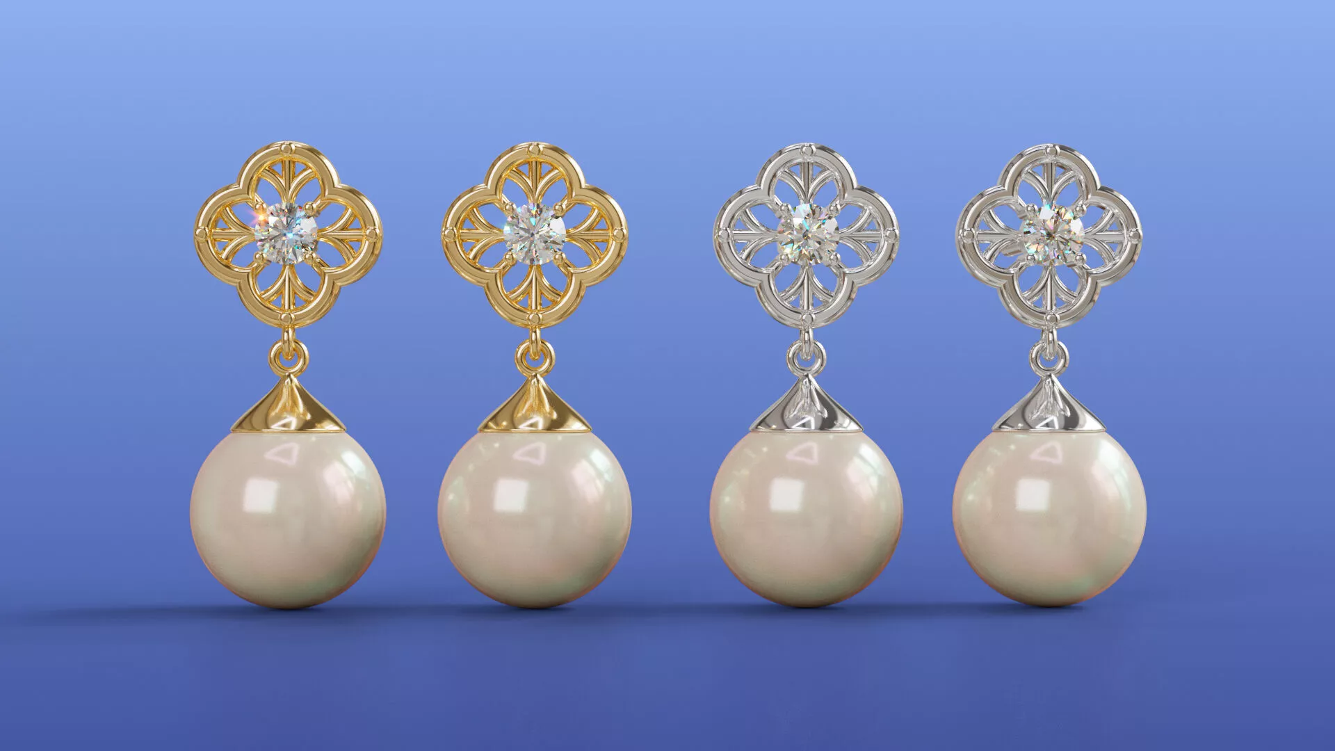 Elegant Clover Flower Pearl Stud Earrings CAD Design 3D print model