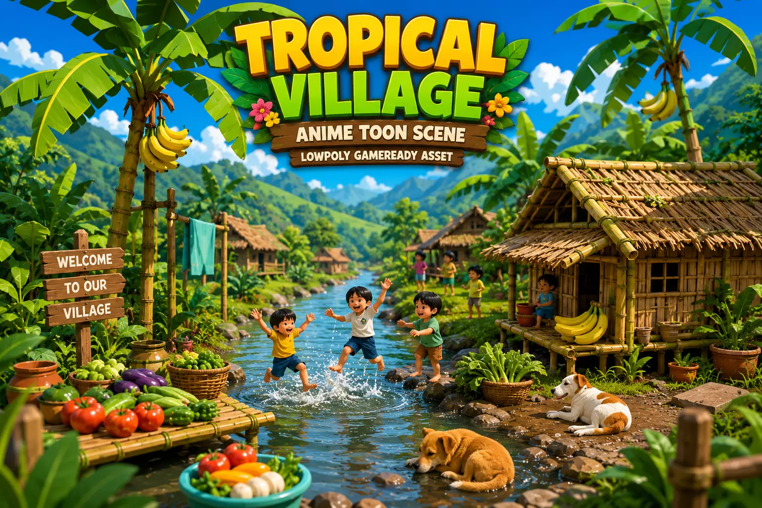 Tropical Village Anime Toon Scene Lowpoly Gameready Asset Low-poly 3D model