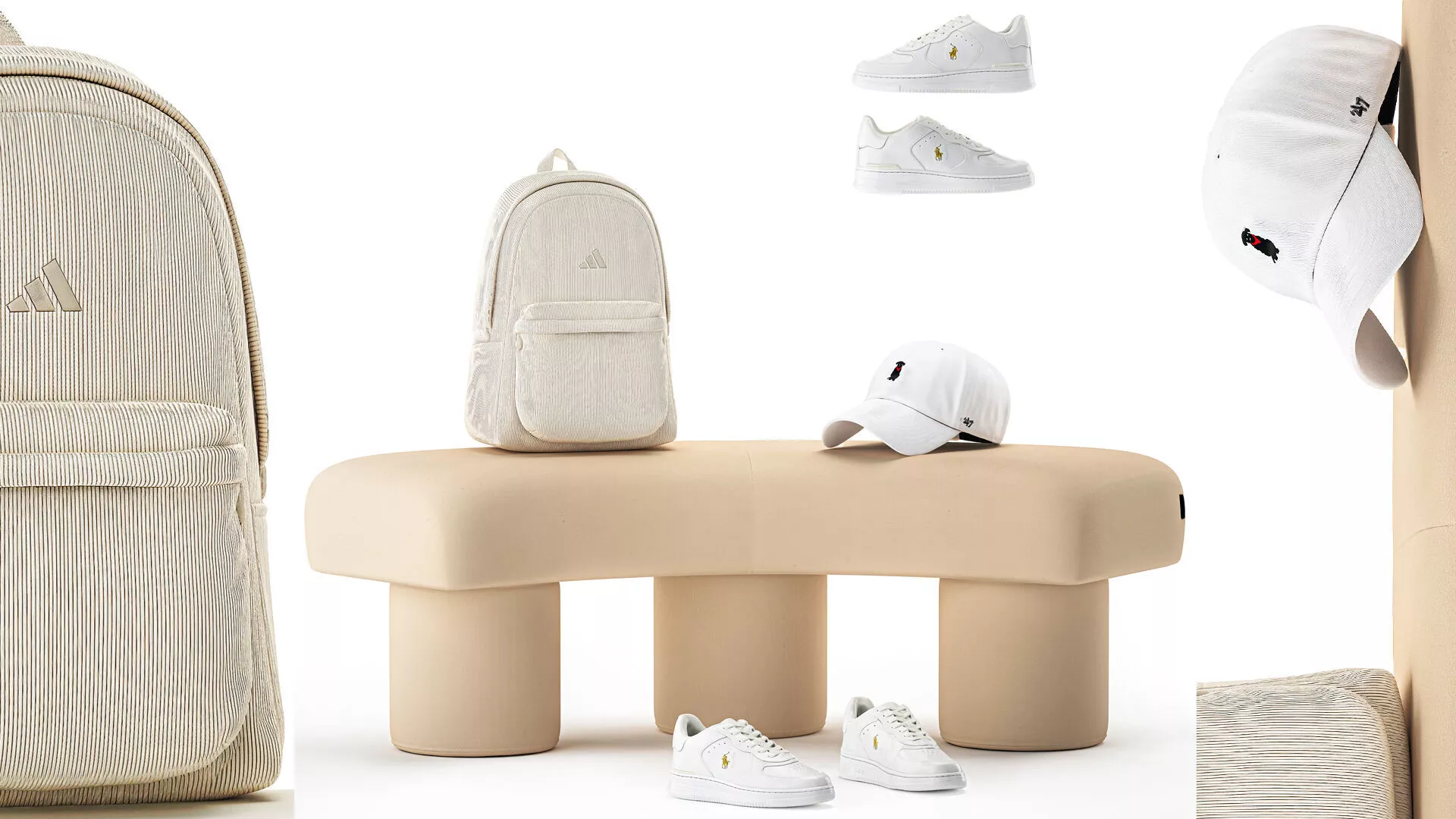 Beige minimalist bench shoes sneakers interior decor 3D model