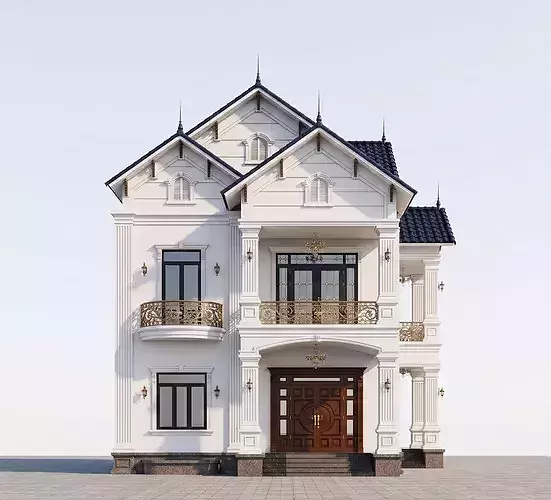 Neoclassical Villa Exterior with Thai Roof  Real-World Scale 3D model 3