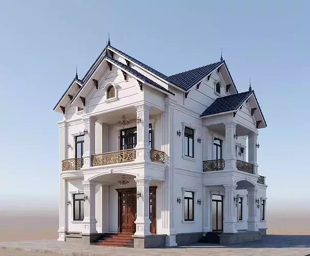 Neoclassical Villa Exterior with Thai Roof Real-World Scale 3D model